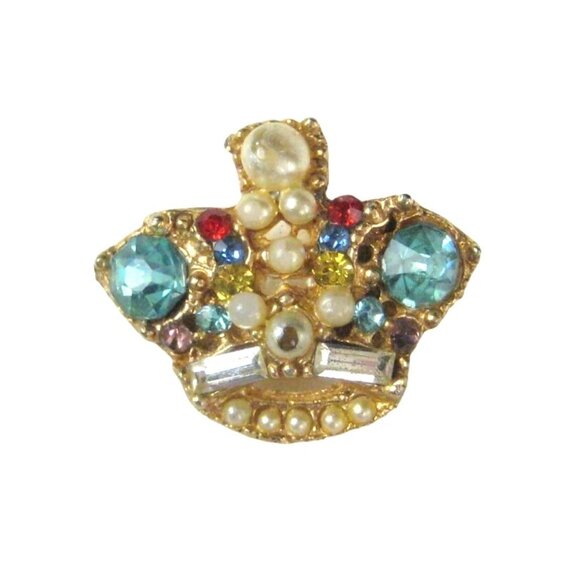Vintage Crown Shaped Brooch Rhinestone Imitation Pearl Pin Unsigned 1 inch WORN - Picture 1 of 5